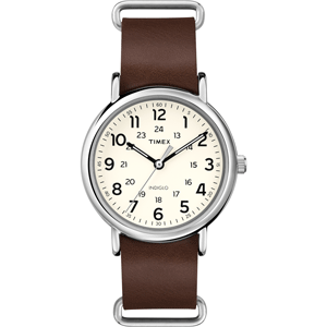 TIMEX WEEKENDER SLIP THRU CRM DIAL BROWN LEATHER STRAP WATCH
